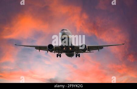 Ryan Air Boeing 737-800 coming into land at sunset, transport Stock Photo