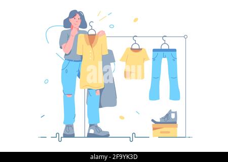 Girl choosing clothes on store Stock Vector