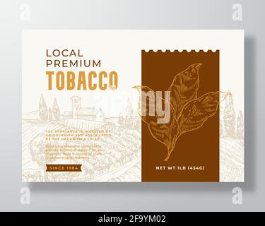 Local Premium Tobacco Label Template. Abstract Vector Packaging Design Layout. Modern Typography Banner with Hand Drawn Leaves Branch and Rural Stock Vector