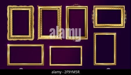 Empty painting or picture frame with golden engraved and carved wooden borders. Set of decorative retro ornamental detailed picture frames. Stock Vector