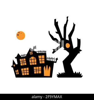 Vector black house with a tree with an orange moon. Cute Halloween card. Cartoon illustration. Night tree. Stock Vector