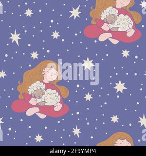 Vector seamless pattern with sitting girl holding lamb and stars on background. Design for sleepwear or textile. Stock Vector