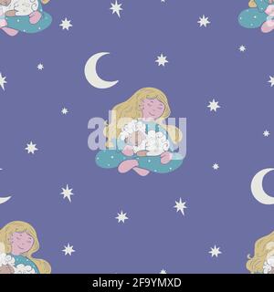 Vector seamless pattern with sitting girl holding lamb with moon and stars on background. Design for sleepwear or textile. Stock Vector