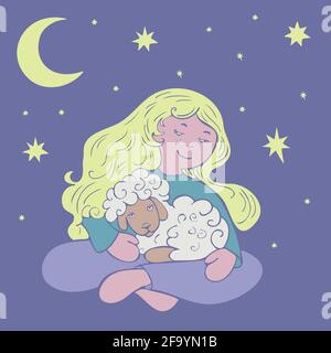 Vector illustration with sitting girl and lamb with moon and stars on background. Design for sleepwear or textile. Stock Vector