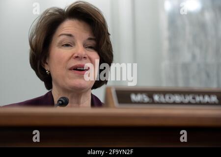 Washington, USA. 21st Apr, 2021. US Senator Amy Klobuchar, Democrat of Minnesota, speaks during a Senate Committee on Commerce, Science, and Transportation confirmation hearing on Capitol Hill in Washington, DC, April 21, 2021. (Photo by pool/Sipa USA) Credit: Sipa USA/Alamy Live News Stock Photo