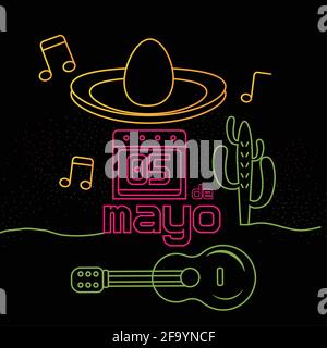 Neon poster of cinco de mayo. Hat, cactus and guitar - Vector Stock Vector
