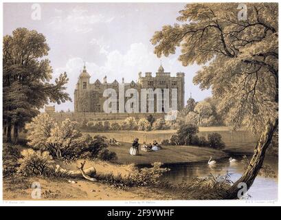 A lithotint of Hatfield House, Hertfordshire UK scanned at high resolution from a book printed in 1858. Believed copyright free. Stock Photo