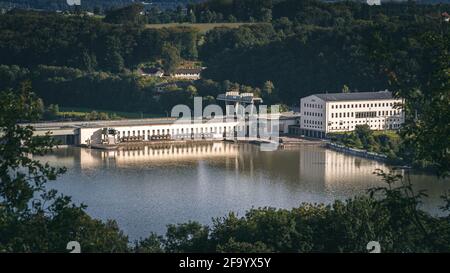 Hydroelectric power station from distance, Ybbs - Persenbeug, Lower Austria Stock Photo