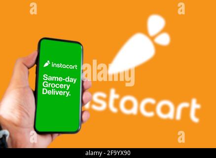 San Francisco, CA, USA, April 2021: The Instacart logo on a phone screen. Instacart is an American company that operates a grocery delivery and pick-u Stock Photo
