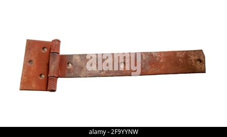 Rusty garage door hinge on white background. Old metal object for construction Stock Photo