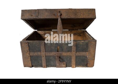 An open old chest on a white background. Wooden box upholstered in iron Stock Photo