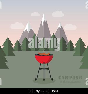 camping adventure in the wilderness with kettle grill bbq Stock Vector