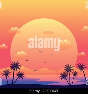 Realistic sea sunset on the background of palm trees - Vector illustration Stock Vector