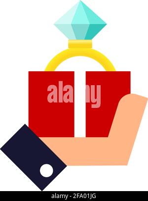 Vector modern flat concept design featuring hand holding proposal ring in red box Abstract illustration background showing hand with proposal golden Stock Vector