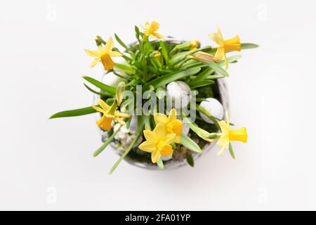 Easter flowers composition with narcissus, hyacinth and festive eggs in wicker basket on white background. View from above. Spring greeting card. Stock Photo