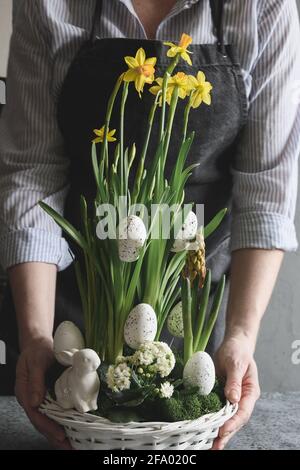 Easter floral composition for table centerpiece with yellow narcissus, festive eggs, moss and bunny. Floral spring workshop. Stock Photo