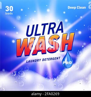 Detergent package design template with lens flare and realistic soap foam. Stock Vector