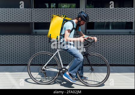 Young bearded courier delivering food on a bicycle, checking order with a smart phone .Delivery service concept Stock Photo