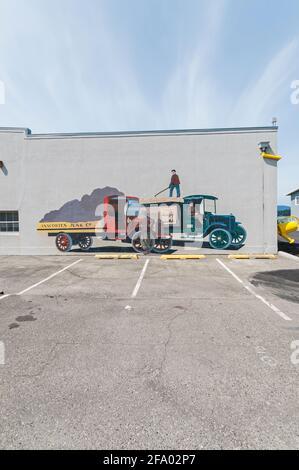 Artwork on buildings near the Transit Shed Event Center at the Port of Anacortes, Washington. Stock Photo