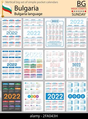 Bulgarian vertical Big set of pocket calendars for 2022 (two thousand twenty two). Week starts Sunday. New year. Color simple design. Vector Stock Vector