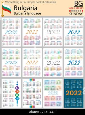 Bulgarian vertical Big set of pocket calendars for 2022 (two thousand twenty two). Week starts Sunday. New year. Color simple design. Vector Stock Vector