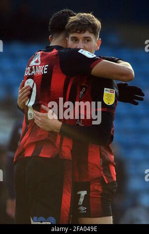 London, UK. 21st Apr, 2021. David Broooks of Bournemouth (R) celebrates scoring his teams 3rd goal with Dominic Solanke of Bournemouth (L). EFL Skybet Championship match, Millwall v AFC Bournemouth at the Den in London on Wednesday 21st April 2021. this image may only be used for Editorial purposes. Editorial use only, license required for commercial use. No use in betting, games or a single club/league/player publications. pic by Steffan Bowen/Andrew Orchard sports photography/Alamy Live news Credit: Andrew Orchard sports photography/Alamy Live News Stock Photo