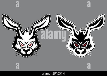 Rabbit hare head mascot red eyes black white outline Stock Vector