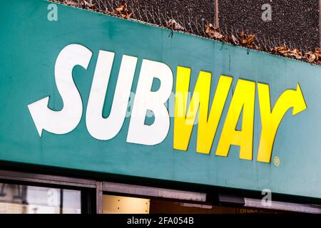 Sign above a branch of Subway fast food outlet, London, UK Stock Photo