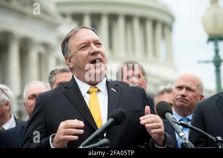 Former US Secretary of State Mike Pompeo, offers remarks while joined by members of the Republican Study Committee to introduce their Maximum Pressure Act against Iran, outside of the US Capitol in Washington, DC, Wednesday, April 21, 2021. Credit: Rod Lamkey/CNP /MediaPunch Stock Photo