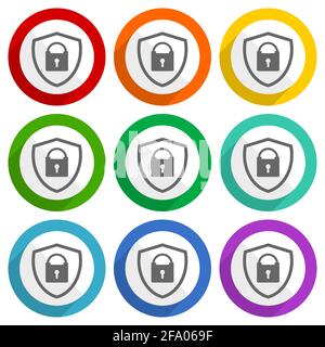 Shield with padlock vector icons, set of colorful flat design buttons for webdesign and mobile applications Stock Vector