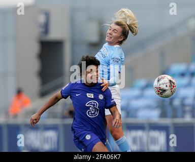 Manchester, England, 21st April 2021.  Lauren Hemp of Manchester City challenged by Jess Carter of Chelsea during the The FA Women’s Super League match at the Academy Stadium, Manchester. Picture credit should read: Andrew Yates / Sportimage Credit: Sportimage/Alamy Live News Stock Photo