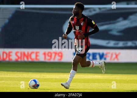 London, UK. 21st Apr, 2021. Jefferson Lerma of Bournemouth in action during the game. EFL Skybet Championship match, Millwall v AFC Bournemouth at the Den in London on Wednesday 21st April 2021. this image may only be used for Editorial purposes. Editorial use only, license required for commercial use. No use in betting, games or a single club/league/player publications. pic by Steffan Bowen/Andrew Orchard sports photography/Alamy Live news Credit: Andrew Orchard sports photography/Alamy Live News Stock Photo