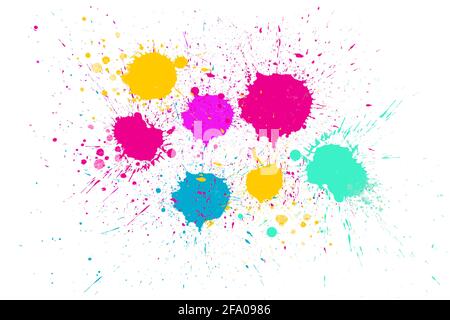Red, Yellow, pink, blue and green ink splashes with stains. Abstract backdrop isolated on white background. Computer generated image. Stock Photo