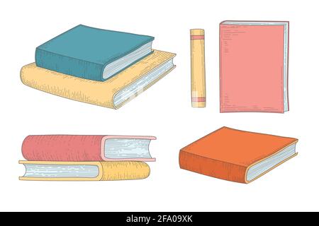 Vertical stack of old historical books in hardbacks with bookmarks isolated on white background. Pile of ancient textbooks for reading. Colored hand Stock Vector