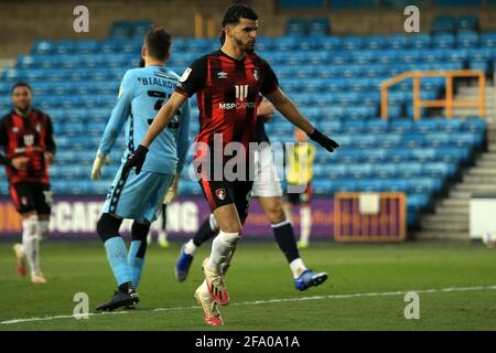 London, UK. 21st Apr, 2021. Dominic Solanke of Bournemouth celebrates after scoring his teams 4th goal. EFL Skybet Championship match, Millwall v AFC Bournemouth at the Den in London on Wednesday 21st April 2021. this image may only be used for Editorial purposes. Editorial use only, license required for commercial use. No use in betting, games or a single club/league/player publications. pic by Steffan Bowen/Andrew Orchard sports photography/Alamy Live news Credit: Andrew Orchard sports photography/Alamy Live News Stock Photo