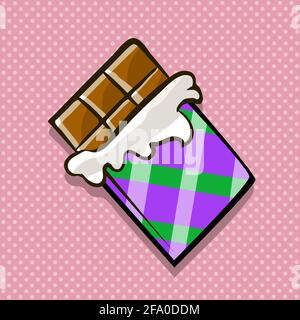 Delicious chocolate bar in an open package on a color background. Sweet dessert. Vector cartoon pop art illustration Stock Vector
