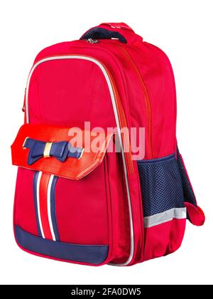 Children's school backpack in red color isolated on a white background. Stock Photo