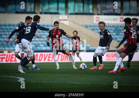 LONDON, UK. APRIL 21ST Dominic Solanke of AFC Bournemouth during the Sky Bet Championship match between Millwall and Bournemouth at The Den, London on Wednesday 21st April 2021. (Credit: Tom West | MI News) Credit: MI News & Sport /Alamy Live News Stock Photo