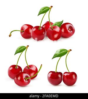 Set of cherrie fruits. Cherry with cherry leaf isolated on white. Stock Photo