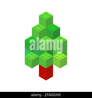Isometric tree on a white background made of colored plastic blocks. The children s designer. Vector illustration. Stock Vector