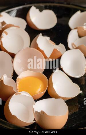 broken eggs on a platter, empty egg shells, one yellow egg yolk still in the half shell Stock Photo