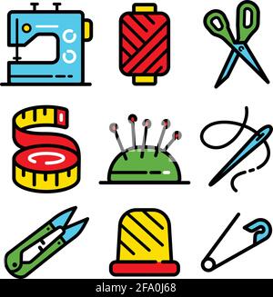 Sewing Related icons set. Needlework tools vector editable stroke pictogram, modern color symbols, isolated on white background, in simple style. Stock Vector