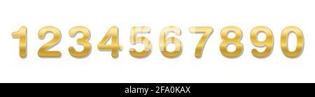 Golden colored numbers in a row. The ten numbers from one to zero - illustration on white background. Stock Photo