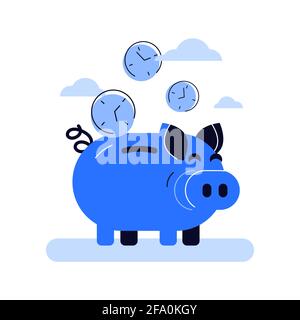 Funny blue piggy bank and falling inside clock faces coins Stock Vector