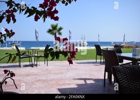 Street outdoor cafe on Embankment. View at solitary vessel on horizon. Beautiful sea view on breathtaking vista, amazing summer scenery. Blue sky, blu Stock Photo