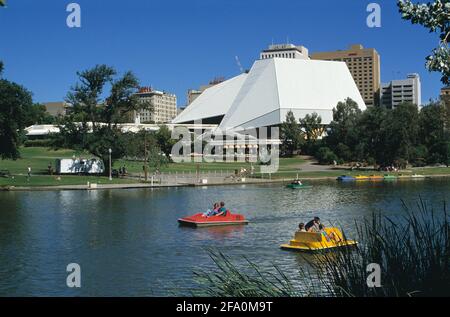 South Australia. Adelaide. Festival Centre. People in paddle boats on River Torrens. Stock Photo