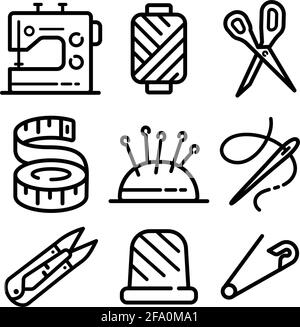 Sewing Related icons set. Needlework tools vector editable stroke pictogram, modern outline symbols, isolated on white background. Stock Vector