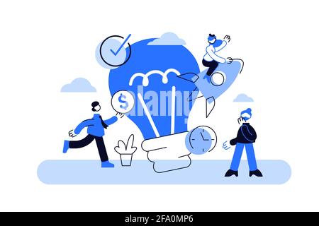 Vector art with lightbulb and positive cartoon characters Stock Vector