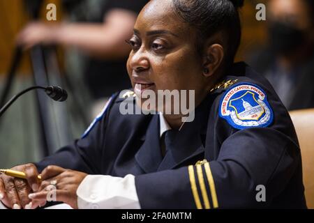 Washington, United States. 21st Apr, 2021. Acting Chief of the Capitol Police Yogananda Pittman testifies before a Senate Appropriations Subcommittee hearing on proposed budget estimates for fiscal year 2022 in the Dirksen Senate Office Building in Washington, DC, USA, 21 April 2021. Pool photo by Jim Lo Scalzo/UPI Credit: UPI/Alamy Live News Stock Photo