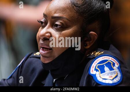 Washington, DC, USA. 21st Apr, 2021. Acting Chief of the United States Capitol Police Yogananda Pittman testifies before a Senate Appropriations Subcommittee hearing on proposed budget estimates for fiscal year 2022 in the Dirksen Senate Office Building in Washington, DC, USA, 21 April 2021.Credit: Jim LoScalzo/Pool via CNP | usage worldwide Credit: dpa/Alamy Live News Stock Photo